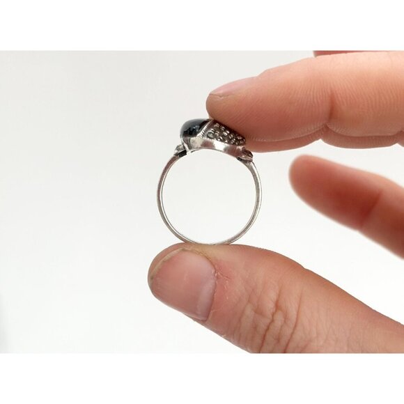 Sterling Silver Black Onyx & Marcasite Yin Yang Vintage Art Deco Ring - sz 7.75 - Picture 5 of 9